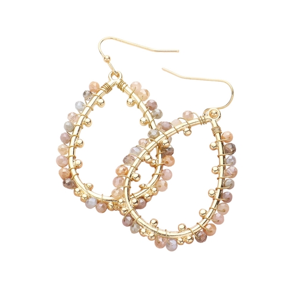 MultiColored Open Teardrop Hoop Gold Wire Wrap Cluster Beaded Dangle Earrings 2 - Picture 1 of 3
